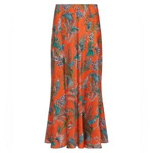 L'AGENCE Orange Tropical Print Midi Skirt